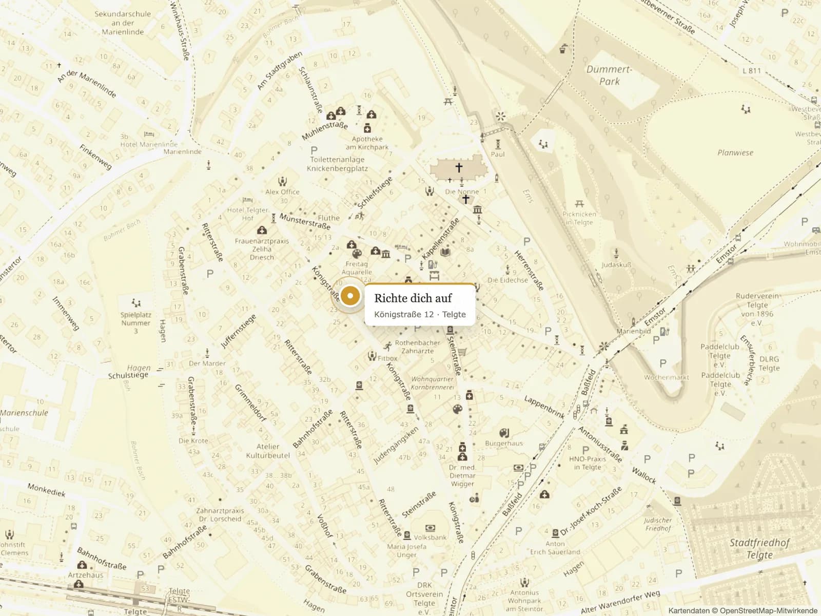 Stadtplan von Telgte mit markierter Praxis, Königstraße 12 — Kartendaten © OpenStreetMap-Mitwirkende