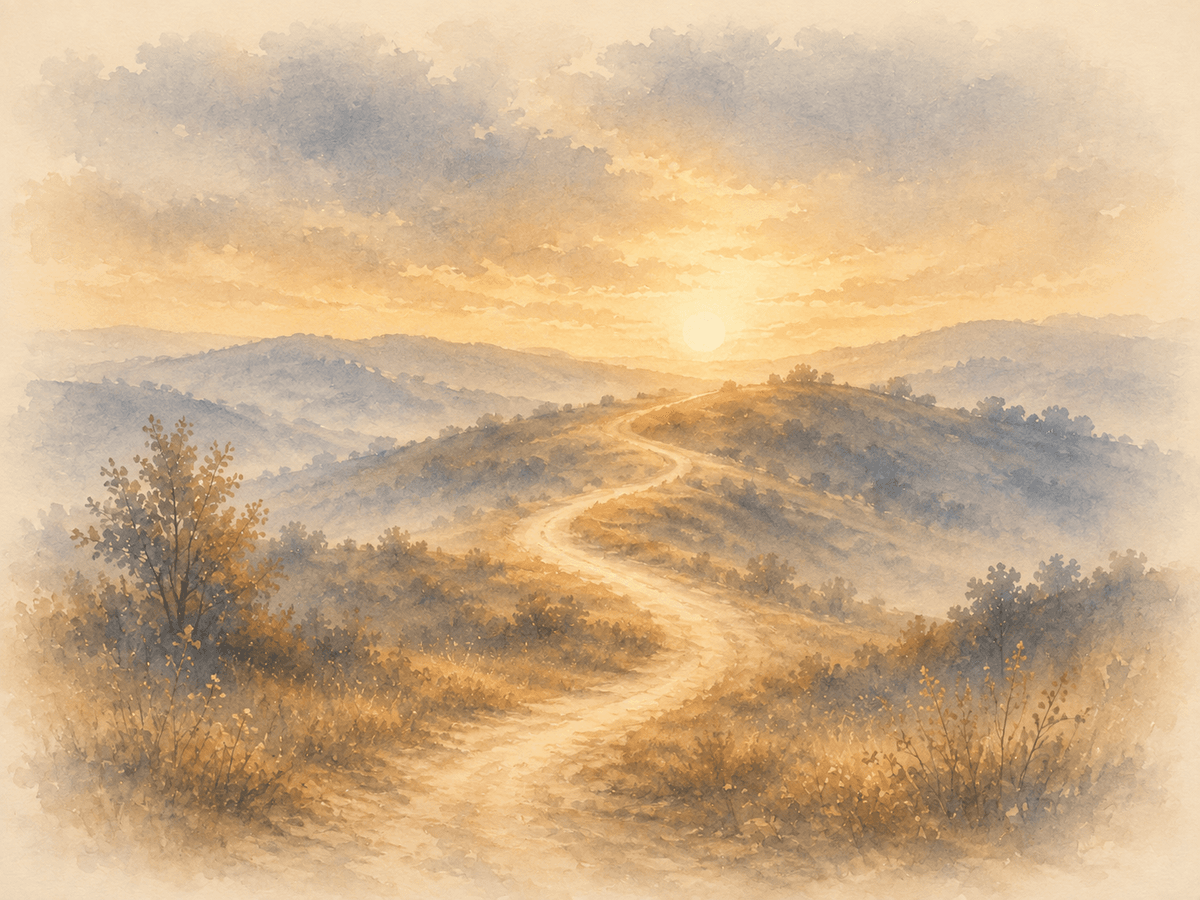 Aquarell: ein Pfad, der durch Hügel dem Licht entgegenführt