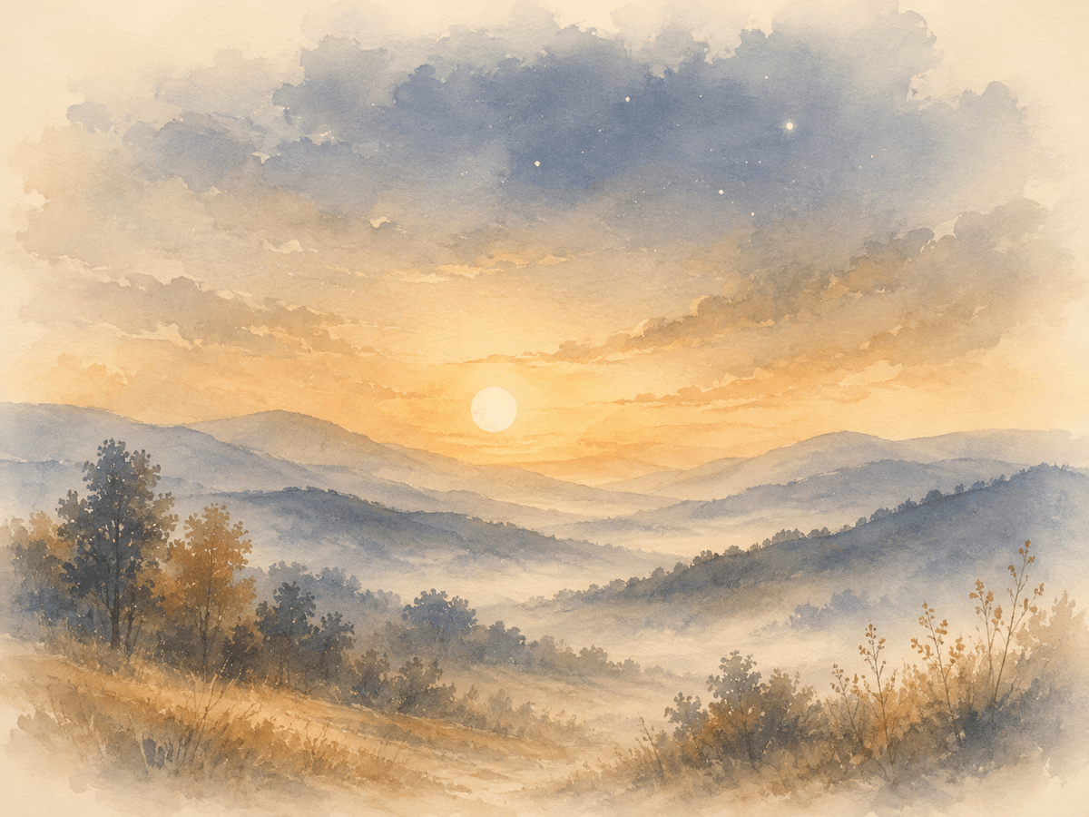 Aquarell: ruhiger Abend über sanften Hügeln