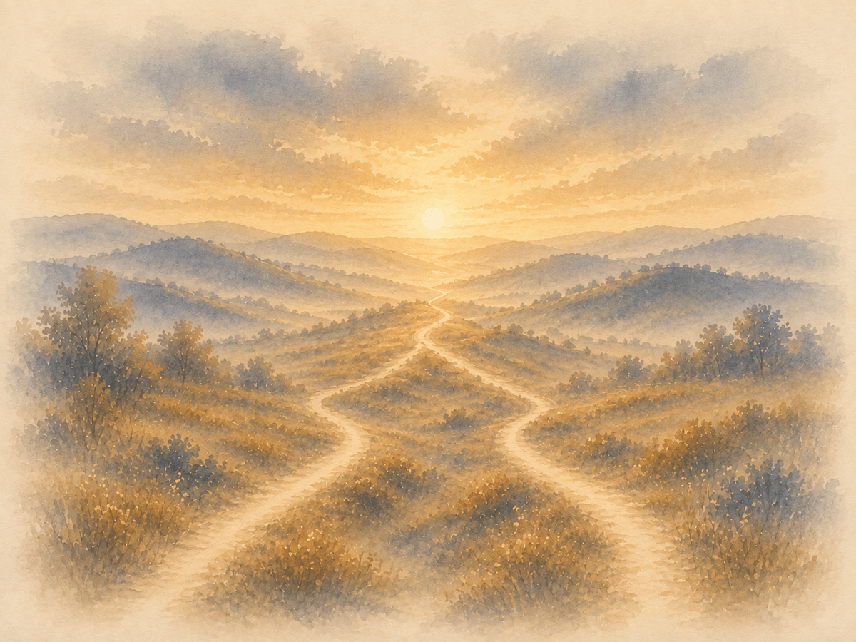 Aquarell: sanfte Hügellandschaft, Sinnbild für einen inneren Weg